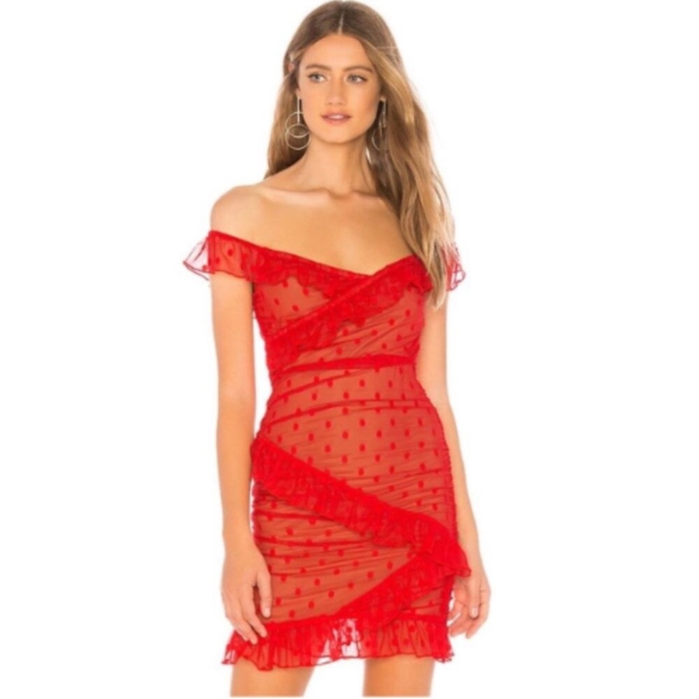 Majorelle Bandit Red Polkadot Mesh Bodycon Mini Dress